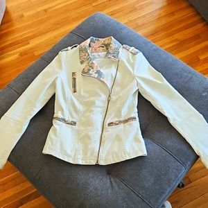 Jessica Simpson Faux Leather Jacket - Size XS - White with Pink & Gray Floral